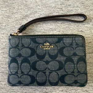 Coach Dark Denim Signature Zip Wristlet with Gold Logo